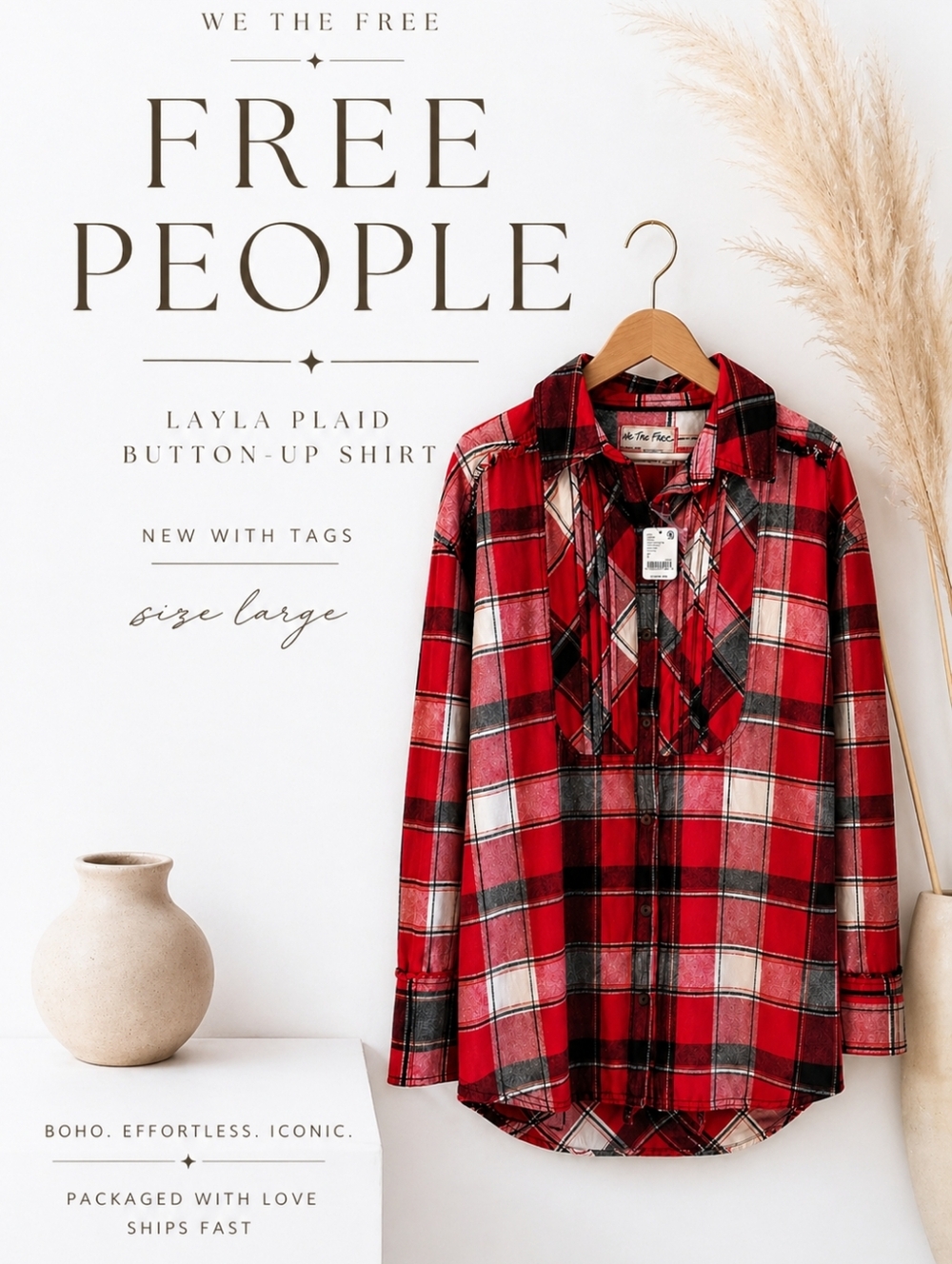 Free People We The Free Layla Plaid Button Up Shirt NWT L Red Ruffle Boho Top